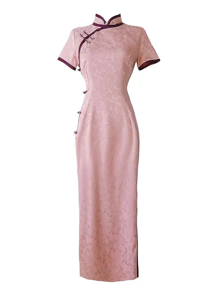 Women’s Satin Qipao Dress Blue Floral High Slit Evening Party | HANFUBAO