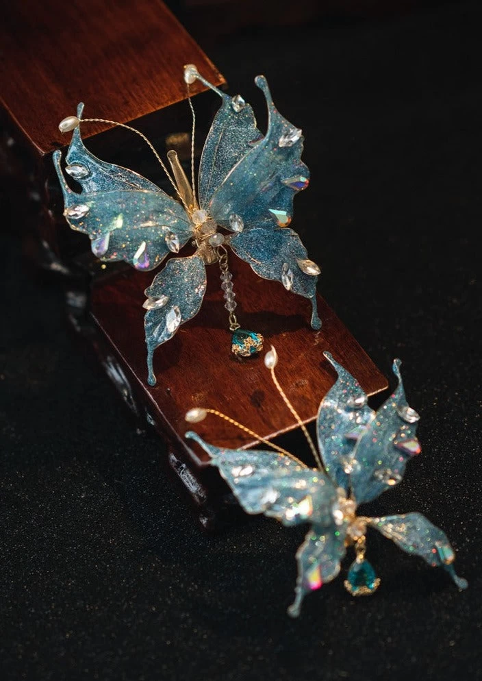 Women Blue Butterfly Fabric Hairpin Set with Faux Pearl for Hanfu Styling | HANFUBAO