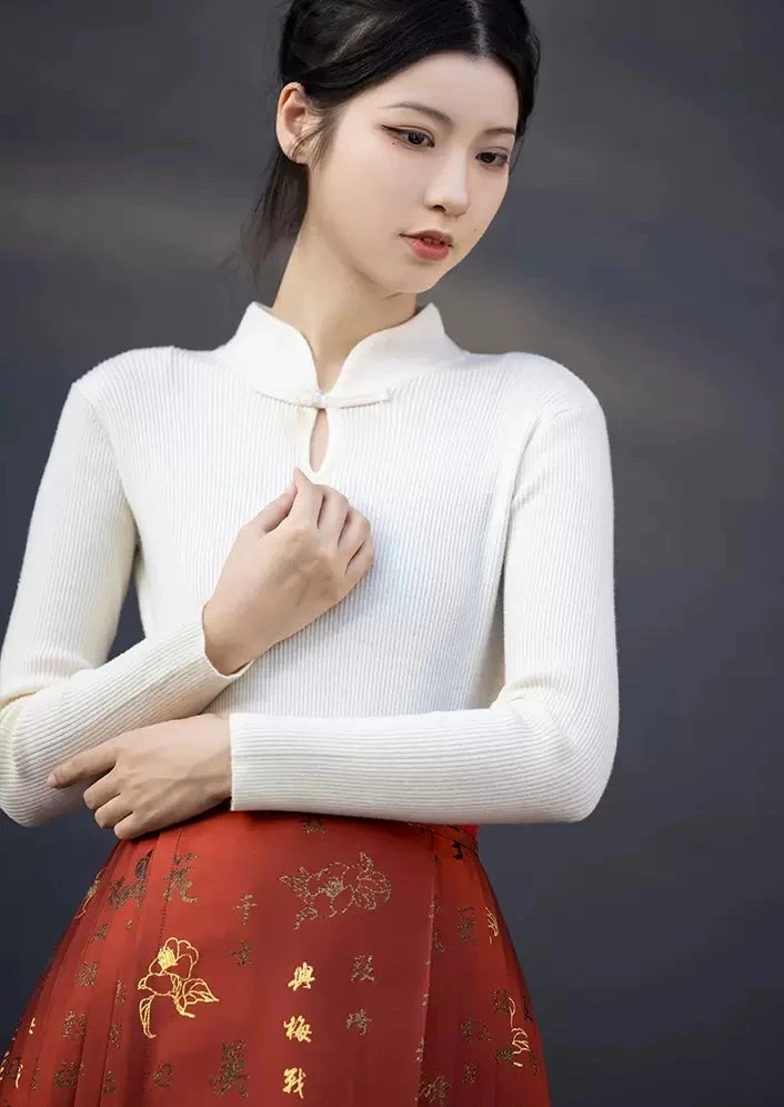 Women’s Daily Hanfu Ribbed Knit Mandarin Collar Top, 9 Colors | HANFUBAO