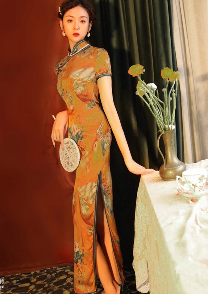 Women Modern Hanfu Gambiered Gauze Yellow Printed Qipao Dress | HANFUBAO