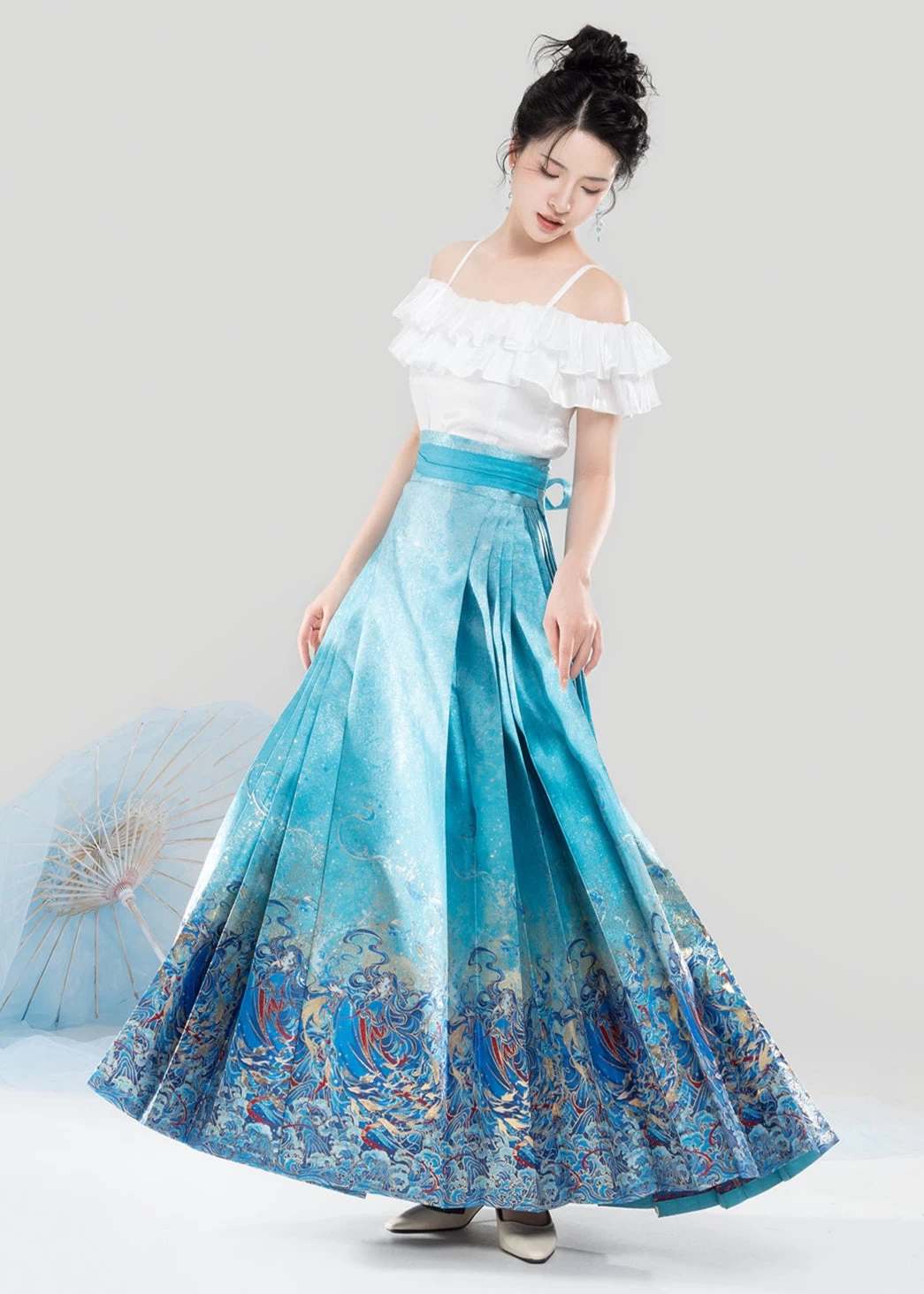 Women’s Modern Water-Themed 2-Piece Ma Mian Hanfu Skirt Set, Polyester| HANFUBAO