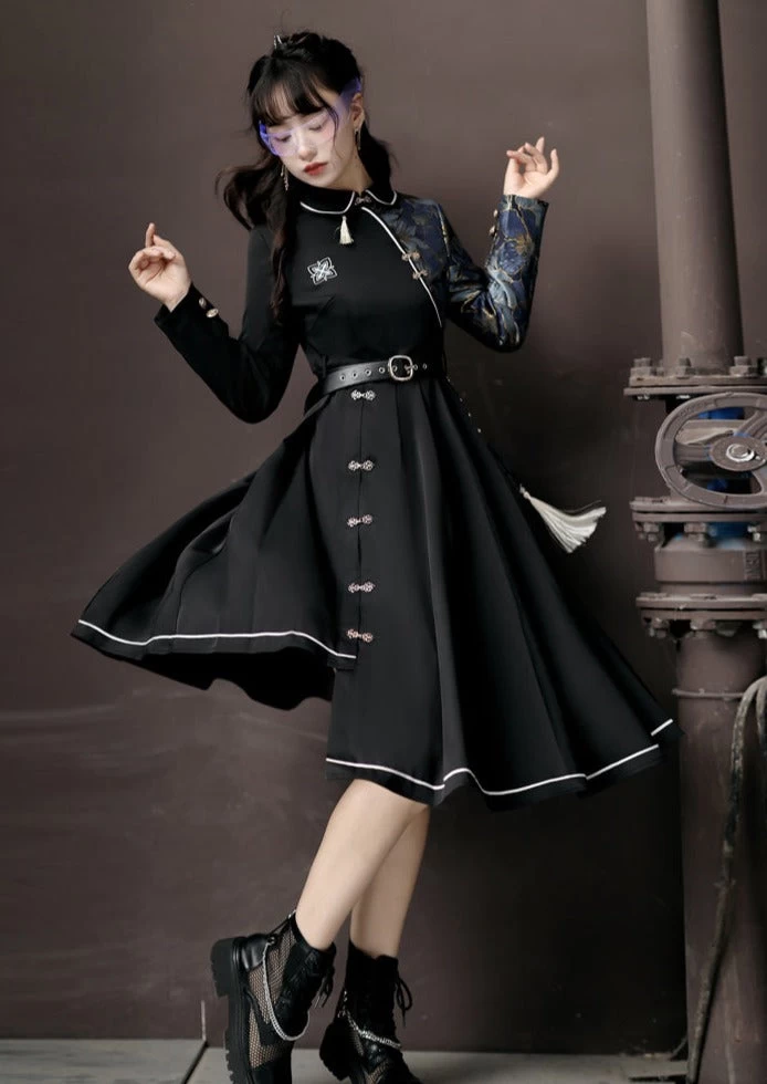 Women's Modern Black Lolita Daily Hanfu Dress, Plus Size | HANFUBAO