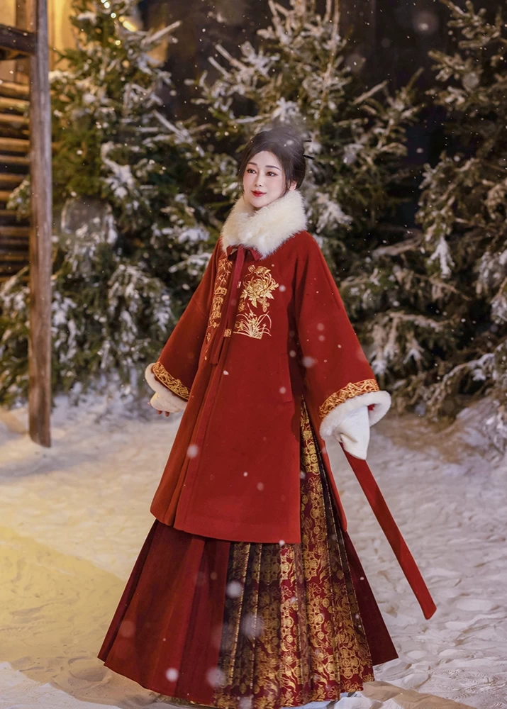 Mirelia | Women  Modern Hanfu Dress Set Fur Collar Floral Red XS-XL