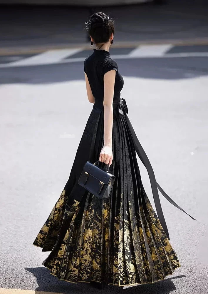 Women's Modern 2-Piece Ma Mian Skirt Hanfu Set Embroidered Polyester| HANFUBAO