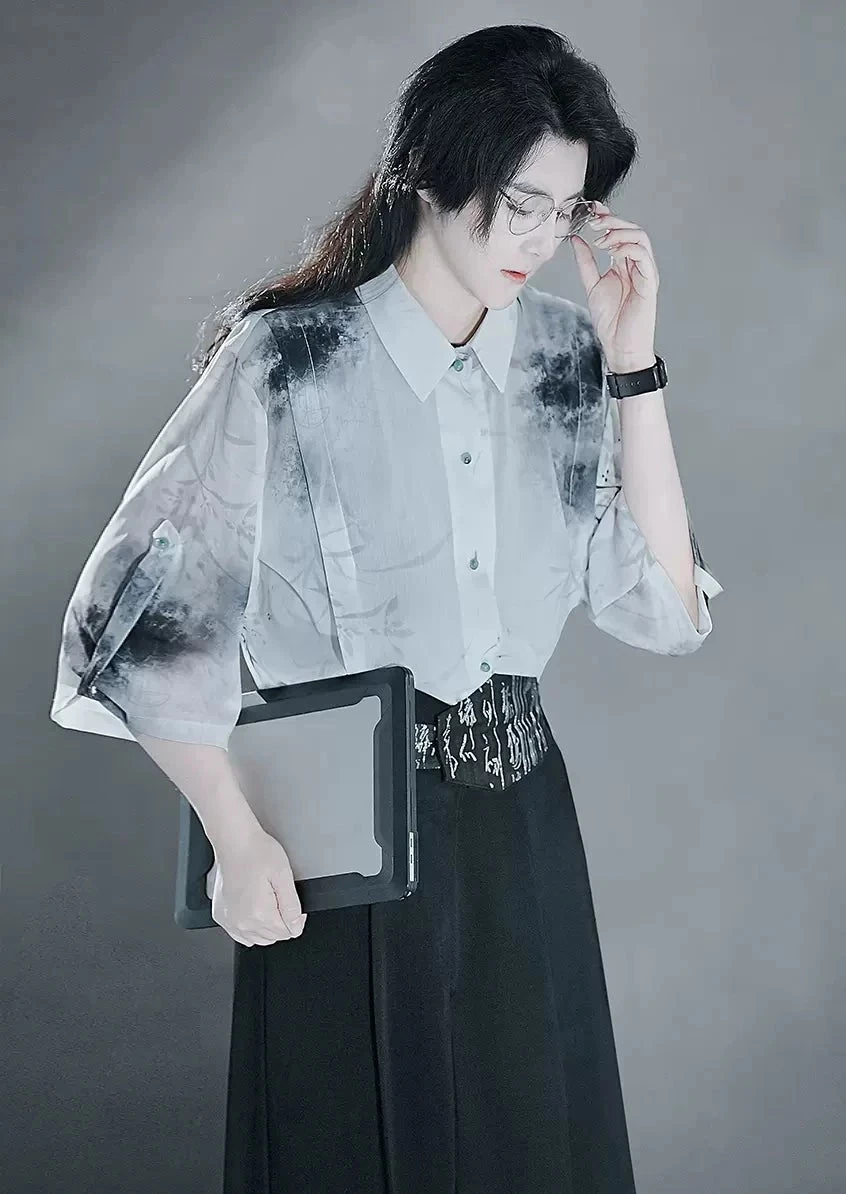 Unisex Modern Summer Hanfu Set, Clivia Print, Plus Size, Polyester-Spandex | HANFUBAO