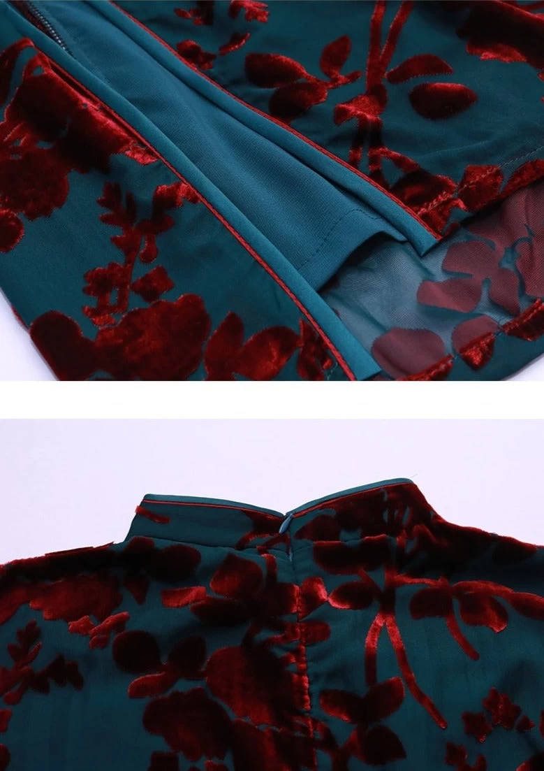 Women Vintage Navy Velvet Qipao Cheongsam High Slit Evening| HANFUBAO