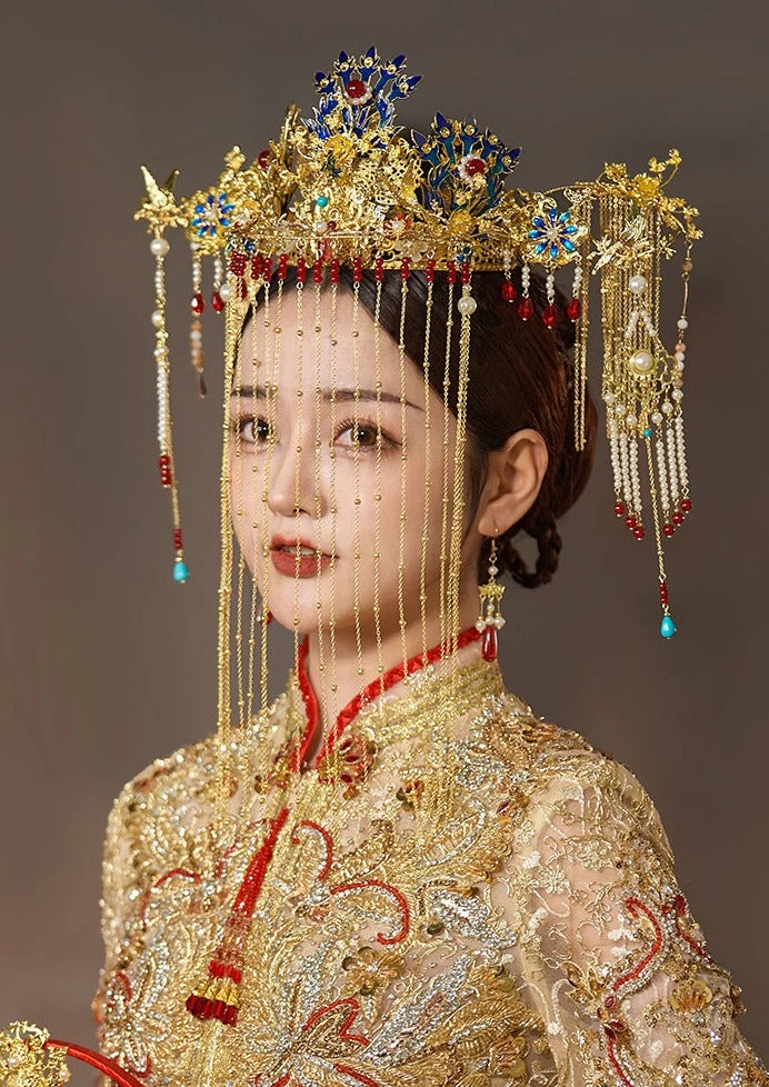Women Hanfu Beaded Curtain Bridal Hair Chain & Earrings Alloy| HANFUBAO