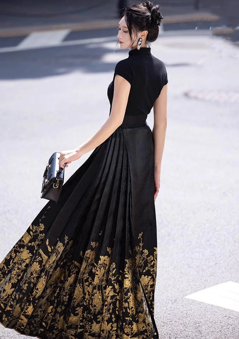 Women's Modern 2-Piece Ma Mian Skirt Hanfu Set Embroidered Polyester| HANFUBAO