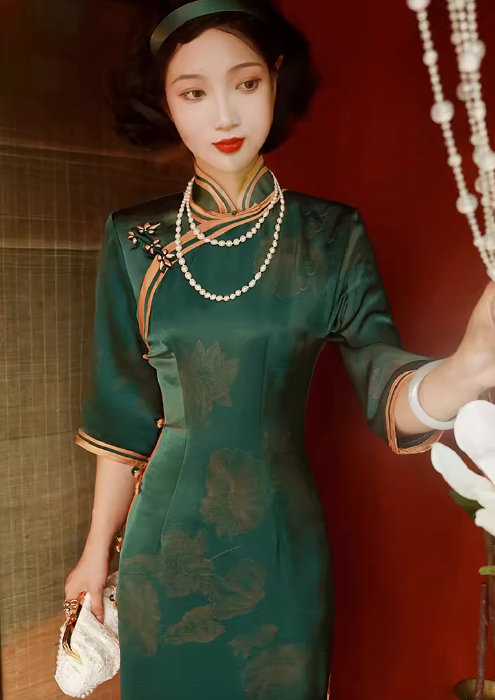 Women Acetate Satin Modern Hanfu Qipao Dress Wine Red | HANFUBAO