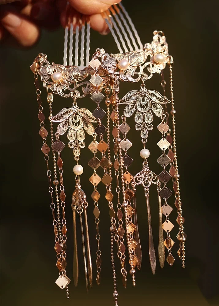 Women Blossom Shadow Tassel Hairpins Gold Metal Pair for Hanfu Styling | HANFUBAO