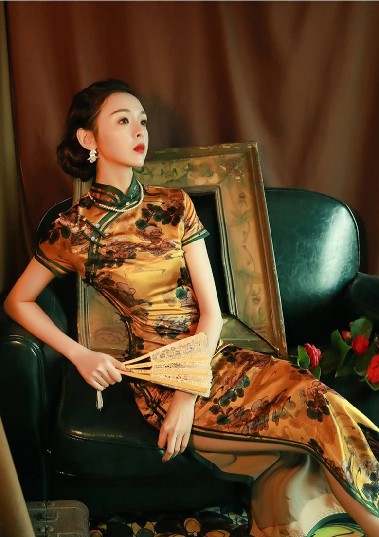 Women Cloud Satin Qipao Cheongsam Gold Cloud Print Daily Wear| HANFUBAO