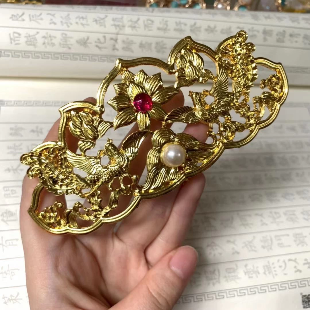 Women Copper Faux Pearl Hairpin Gold Peony Flower Crown | HANFUBAO