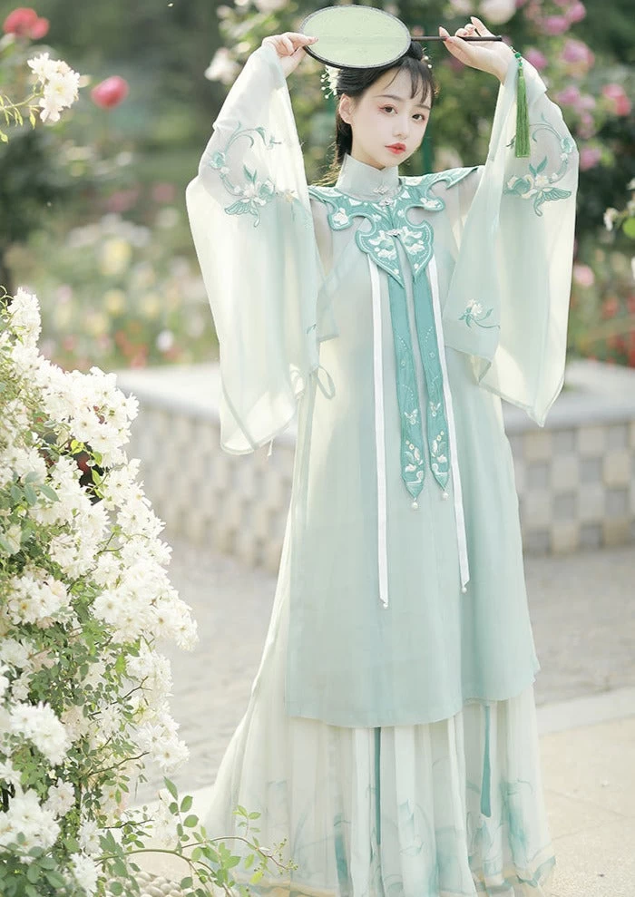 Women Ming Dynasty Hanfu Dress Butterfly Embroidery Chiffon Set Daily Wear | HANFUBAO