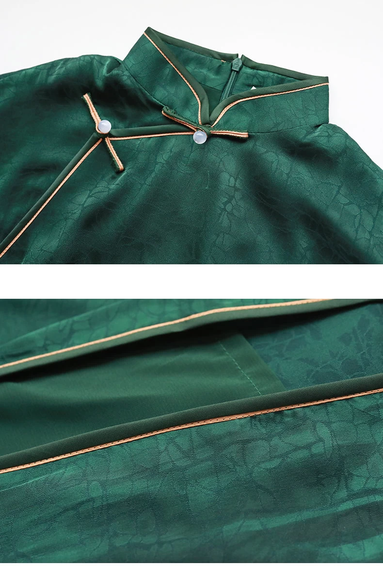 Women Daily Hanfu Jasper Green Qipao Dress High Slit Gambiered Gauze| HANFUBAO