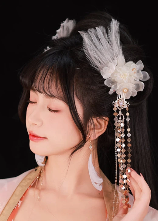 HANFUBAO | Women Shrink Plastic Hanfu Hair Clips Pair White Crane Floral Feather