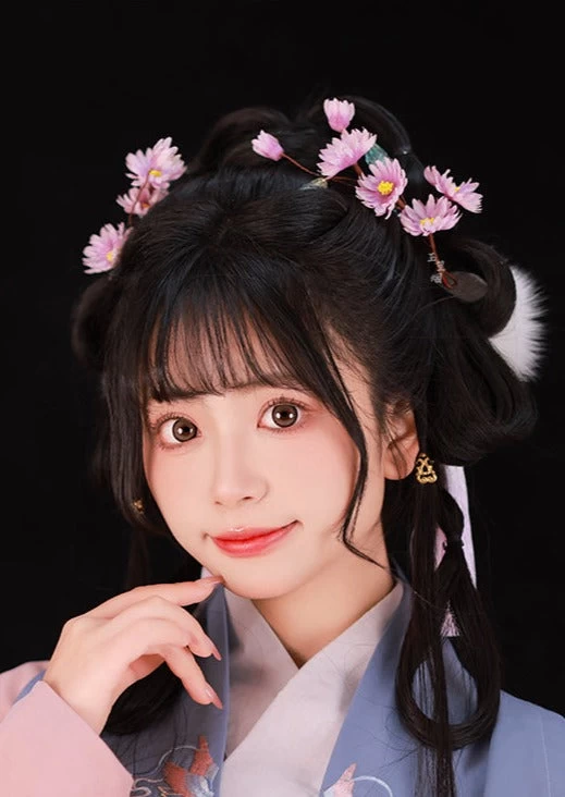 Women Daisy Flower Hair Clips Pair, Purple Yarn Hanfu Accessory | HANFUBAO