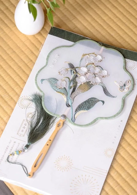 Women Bamboo Hand Fan 4-Color Valley Lily Embroidery Big 33cm| HANFUBAO