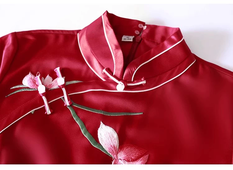 Women Modern Acetate Satin Daily Hanfu Red Magnolia Qipao Dress | HANFUBAO