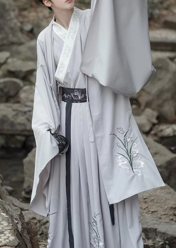 Men's Daily Hanfu Set Gray Orchid Embroidery Yarn  Plus Size | HANFUBAO