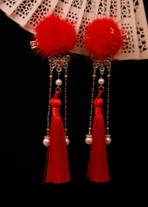 Unisex Hanfu Mink Fur Pom Hair Pieces Snowball White Set of 2 | HANFUBAO