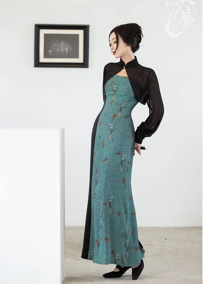 Women Modern 2-Piece Qipao Dress Set Azure Smoke Cotton Blend Daily Wear | HANFUBAO