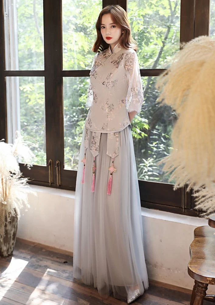 Women Chinese Style Hanfu Bridesmaid Dress Set Gray Plus Size | HANFUBAO