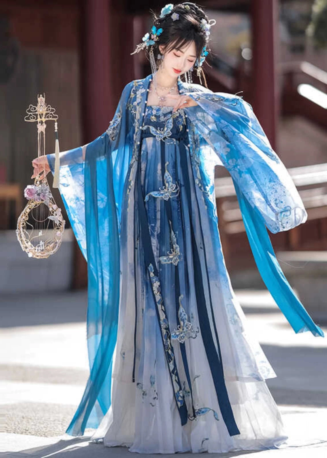 Women’s 4-Piece Daily Hanfu Blue Butterfly Dragon Embroidery Plus Size | HANFUBAO