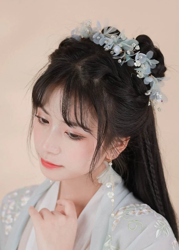 Women Hanfu Yarn Flower Hair Pieces & Earrings Set Snow White Orchid | HANFUBAO