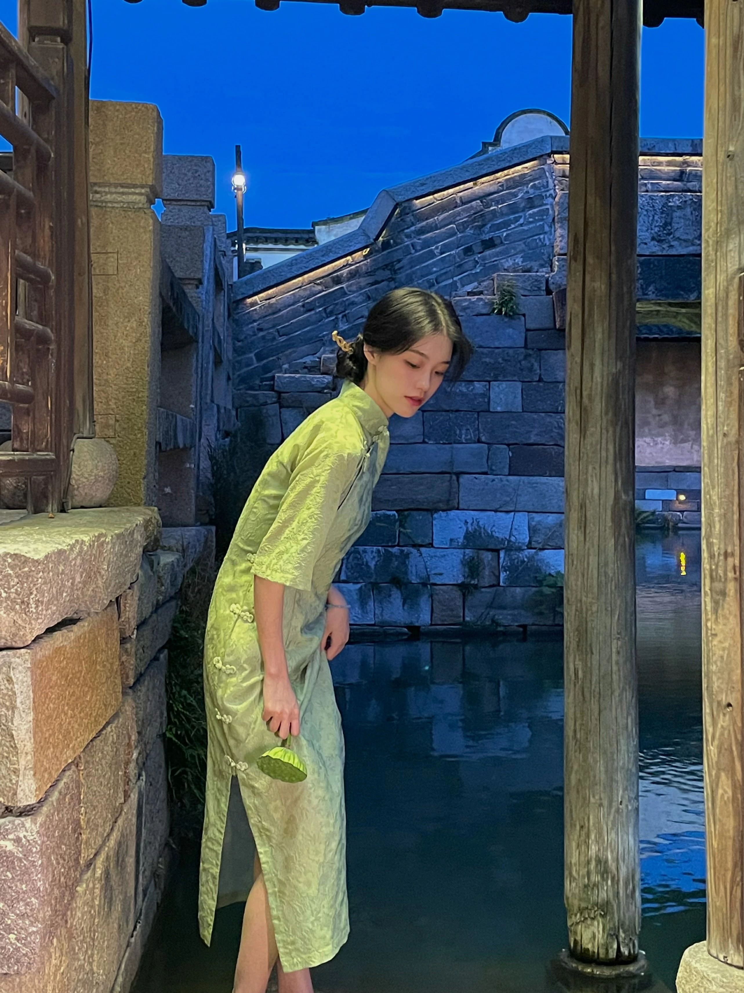 Women's Vintage Green Mandarin Collar Qipao Dress, Polyester-Rayon | HANFUBAO