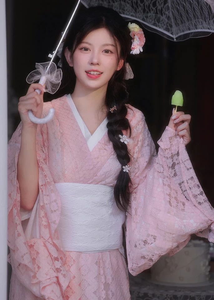 Women's Modern Hanfu 3-Piece Lace Kimono Set Sakura Pink Polyester| HANFUBAO