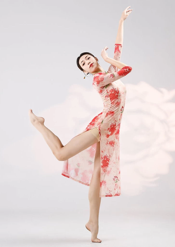 Women Modern Hanfu Stretch Dance Dress Set Rose Deer Print| HANFUBAO