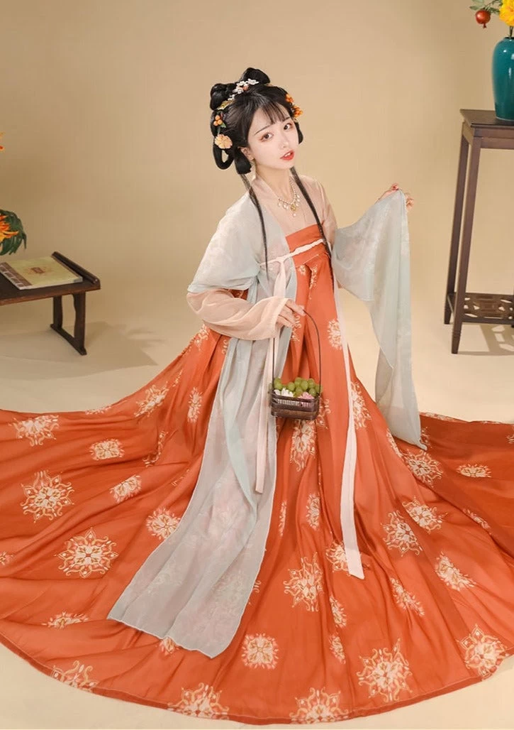 Women Tang Dynasty Hanfu Set Changan Flowers Chiffon Daily Plus Size | HANFUBAO