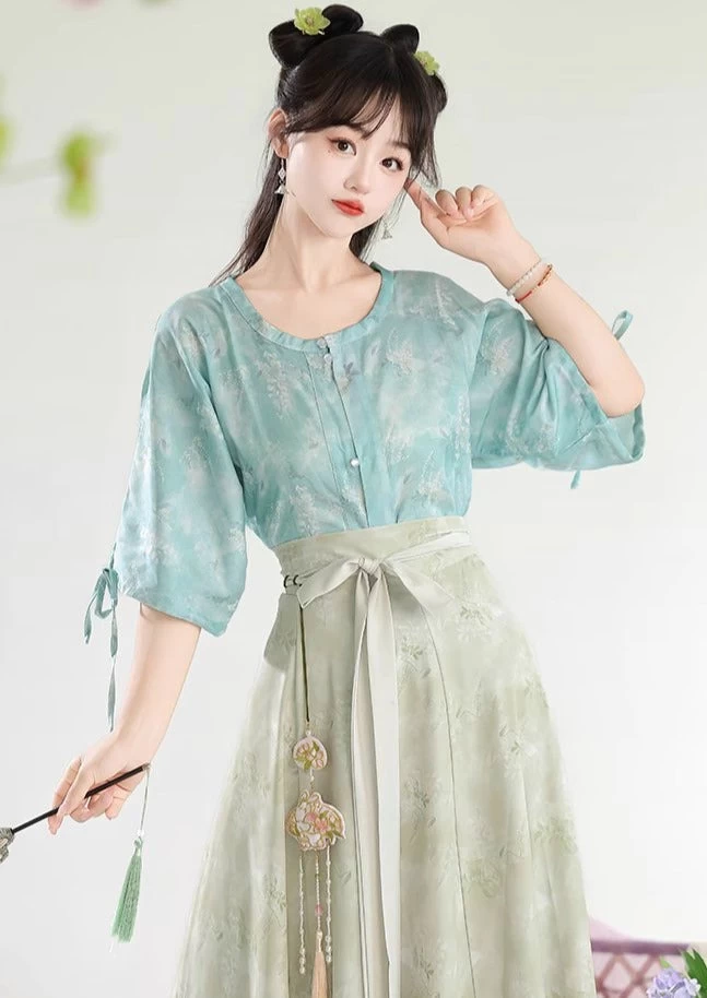 Women’s Floral Daily Hanfu 2-Piece Set Top & Skirt, Artificial Silk Blend | HANFUBAO