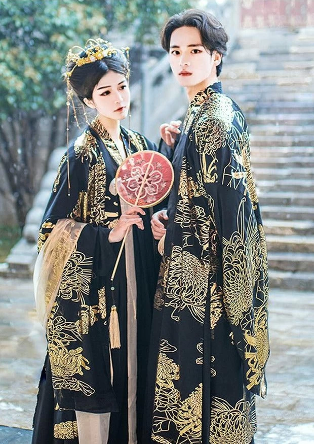Men's Modern Daily Hanfu Black Gold Daisy  Set | HANFUBAO