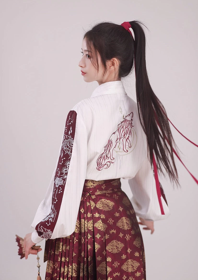 Unisex Modern Hanfu Blouse Blue Wolf Print  Daily Wear | HANFUBAO