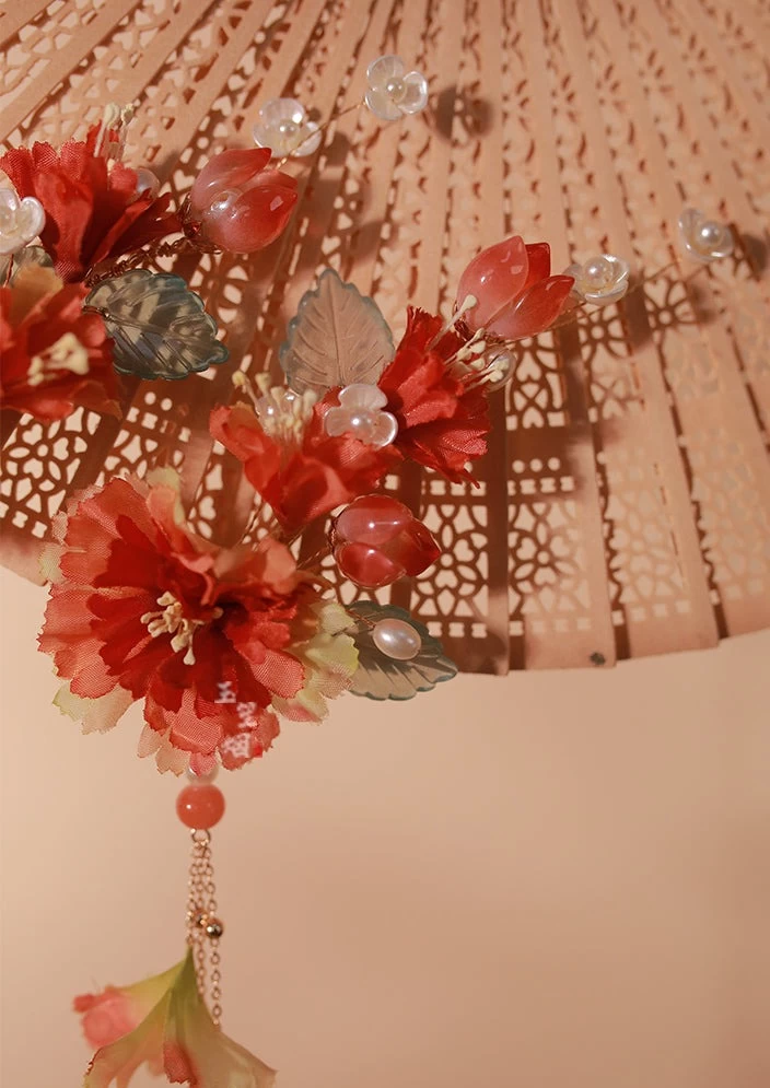 Women's Hanfu Flower Goddess Hairpins, Yarn & Faux Pearl Clips 9cm | HANFUBAO