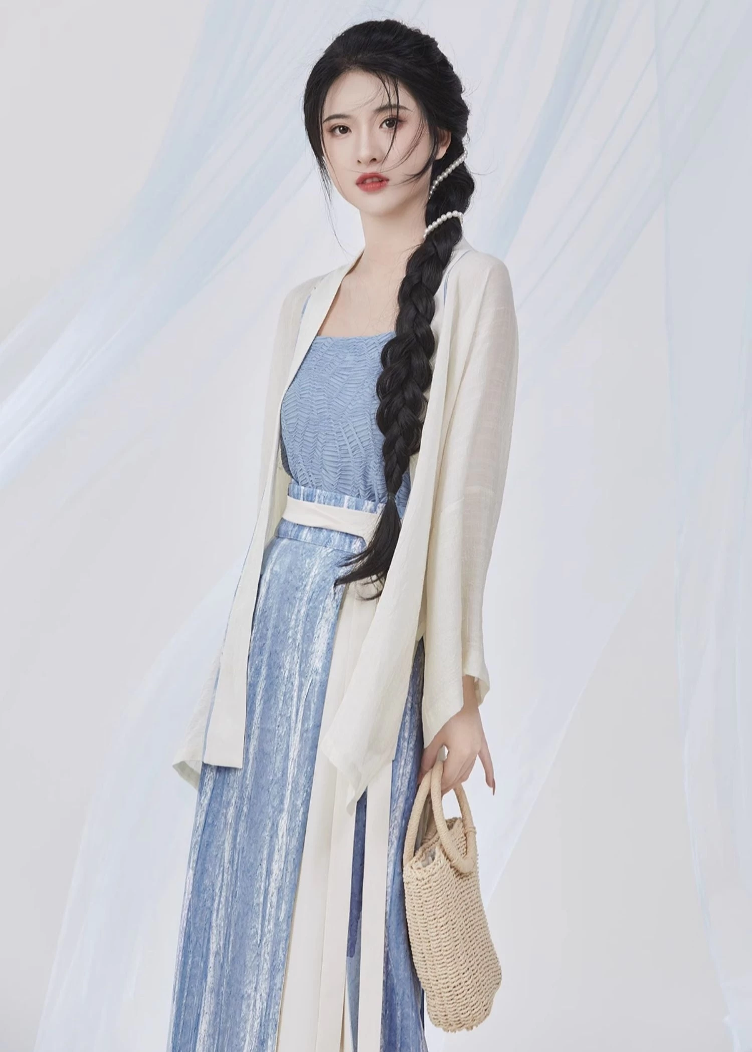 Women Modern Chiffon Hanfu 3-Piece Set Sea Breeze Blue | HANFUBAO