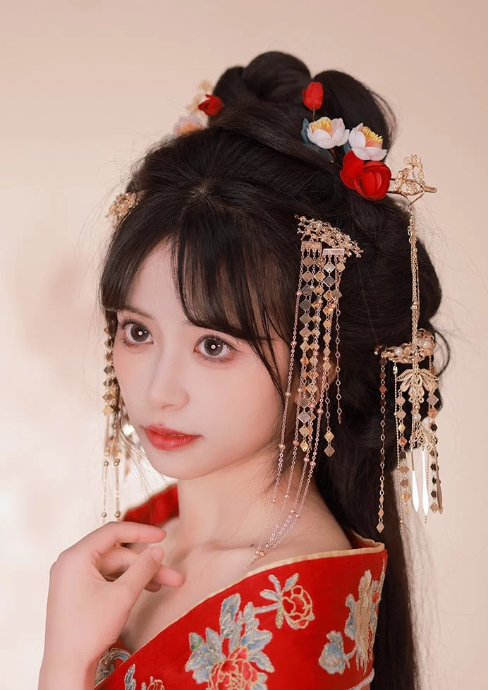 Camellia 6pcs Floral Hanfu Hairpins for Daily Styling, Yarn & Metal 10cm| HANFUBAO