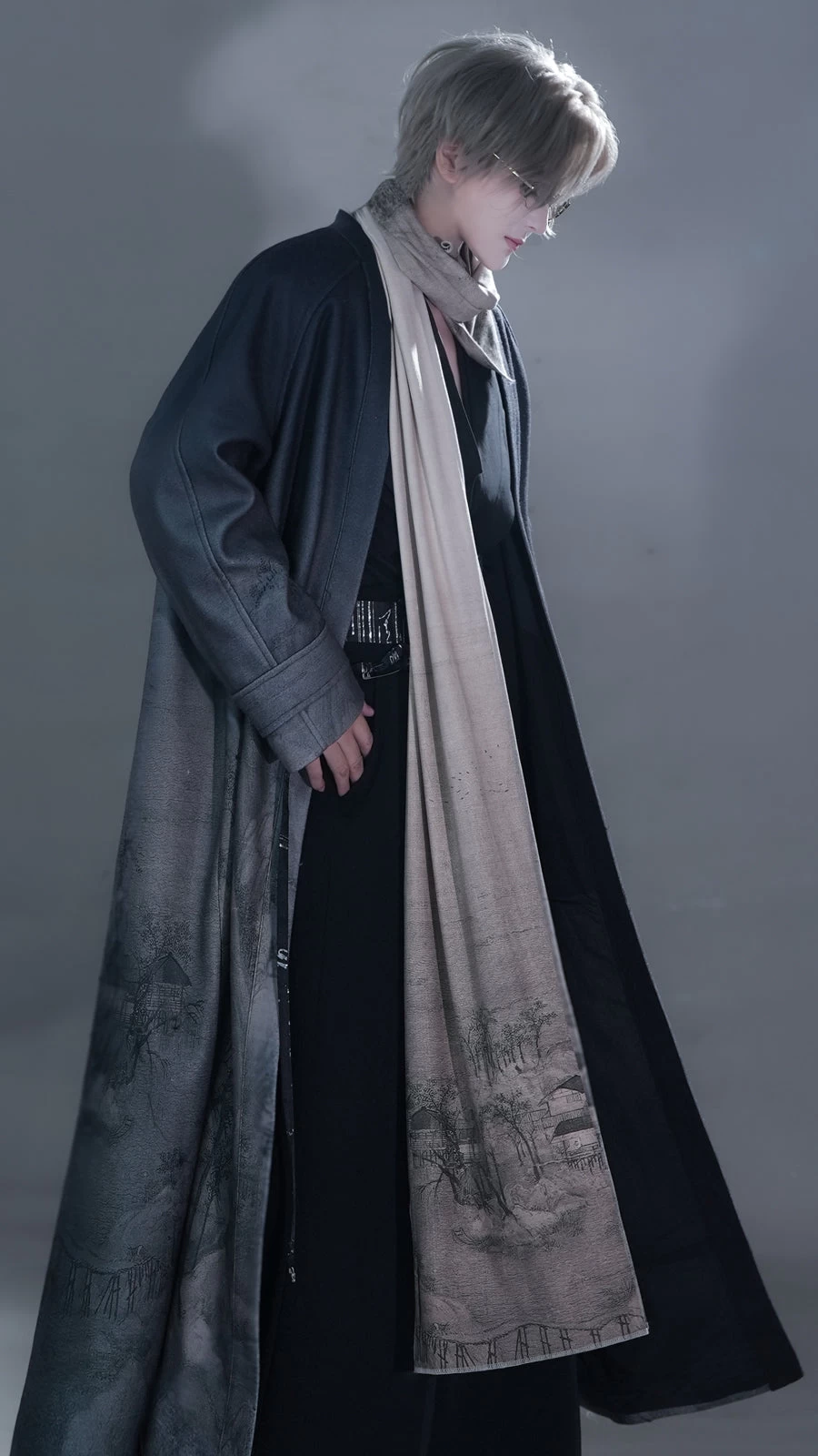 Unisex Modern Hanfu  Coat & Scarf Snow Mountain Print | HANFUBAO