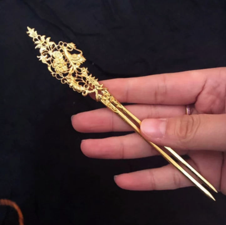 Women Copper Faux Pearl Hairpin Gold Peony Flower Crown | HANFUBAO