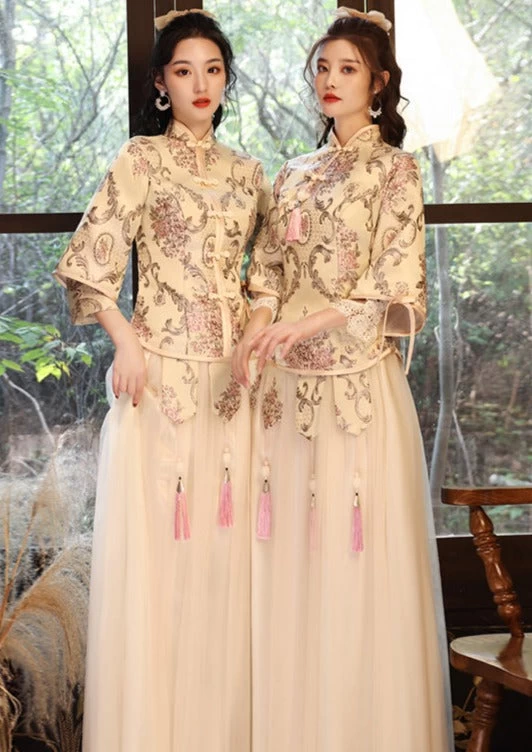 Women's Gold Chinese Style Hanfu Bridesmaid Dress Set Plus Size | HANFUBAO