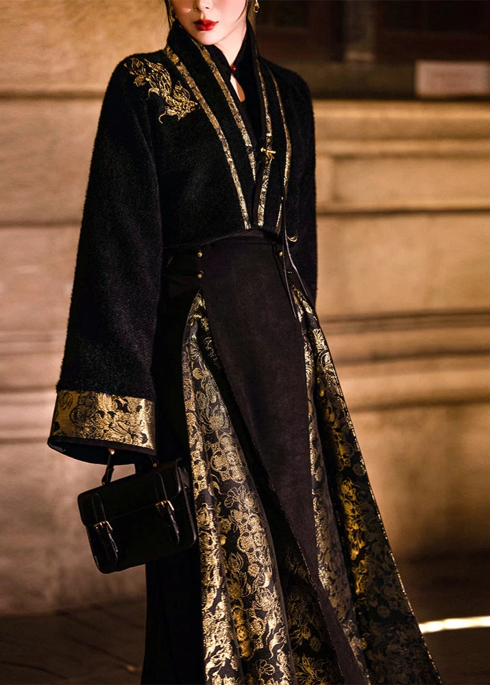 Women  Modern Hanfu 3-Piece Set Black Gold Floral Plus Size| HANFUBAO