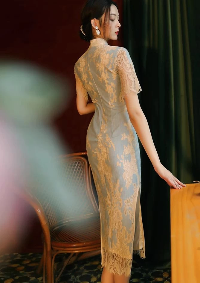 Women Lace Qipao Dress High Slit Zipper Back| HANFUBAO