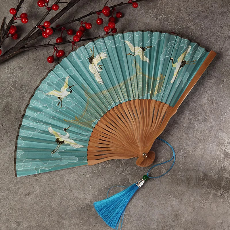 Flying Crane Folding Tassels Hand Fan,  Bamboo for Hanfu Cosplay | HANFUBAO