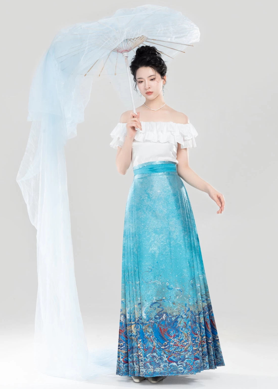 Women’s Modern Water-Themed 2-Piece Ma Mian Hanfu Skirt Set, Polyester| HANFUBAO
