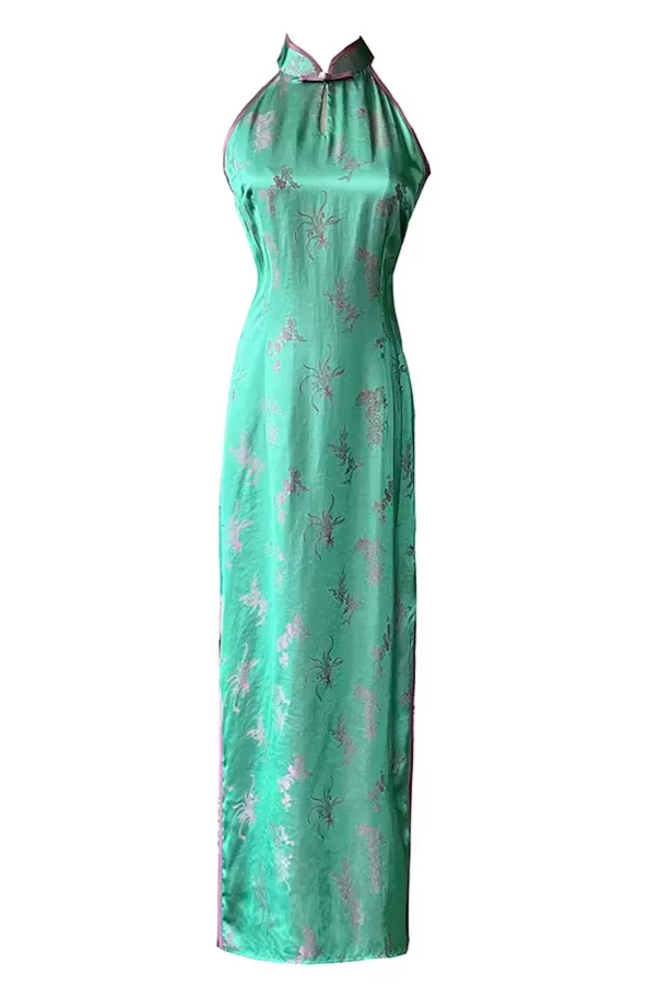 Women Satin Qipao Dress Emerald Floral High Slit| HANFUBAO