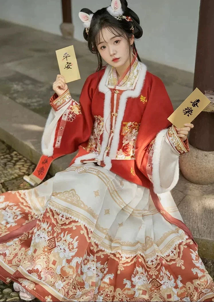 Women's 3-Piece Lucky Dragon Embroidered Ming Hanfu Set, New Year Red| HANFUBAO