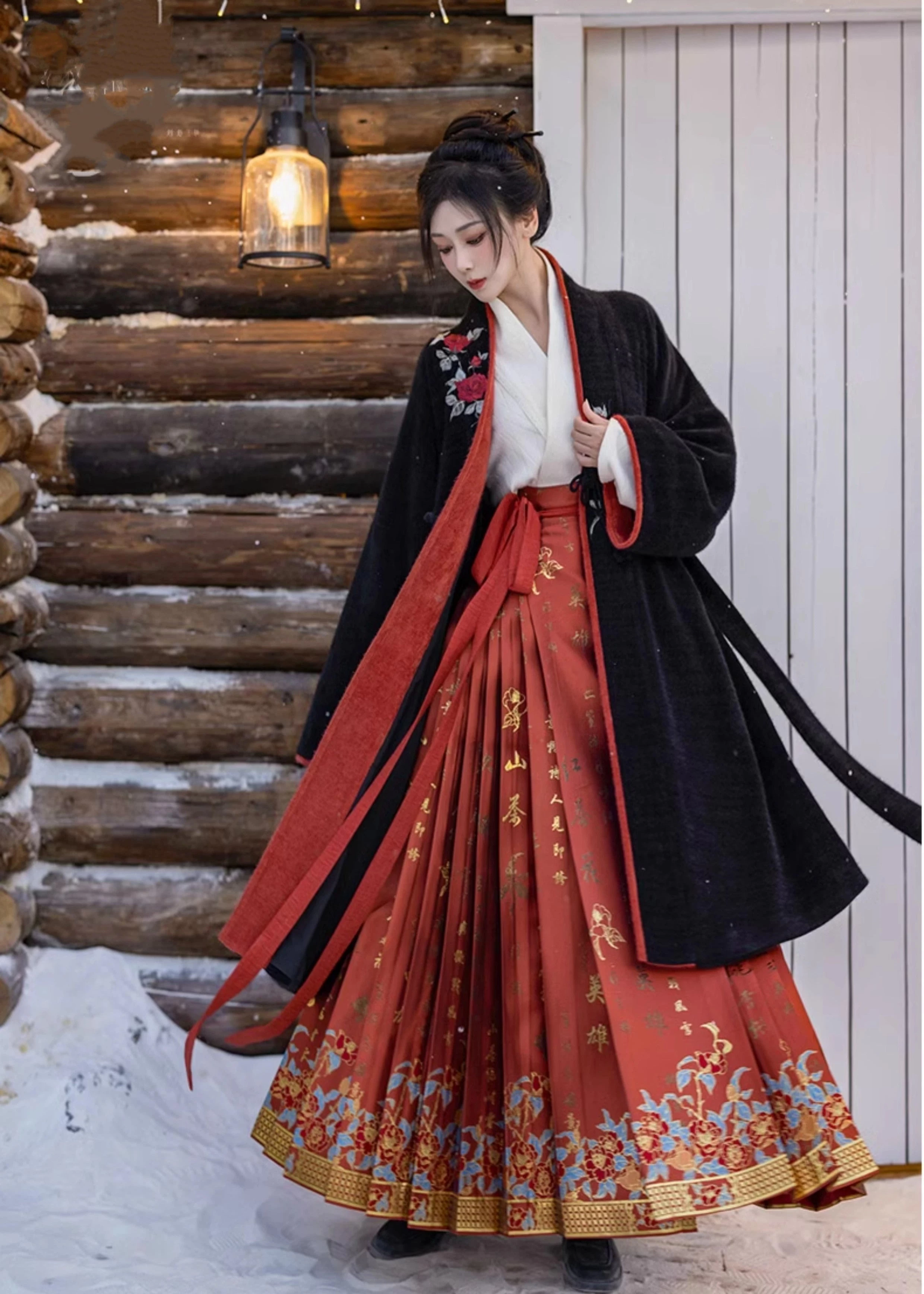 HANFUBAO | Women Chenille Modern Hanfu 3-Piece Ma Mian Set Black Red S-XL