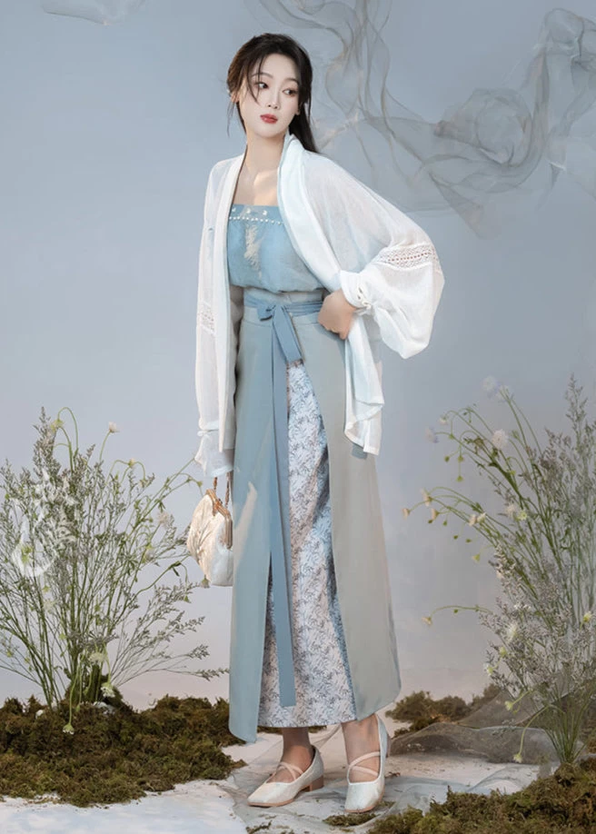 Women’s 4-Piece Blue Jasmine Daily Hanfu Set,  Blend | HANFUBAO