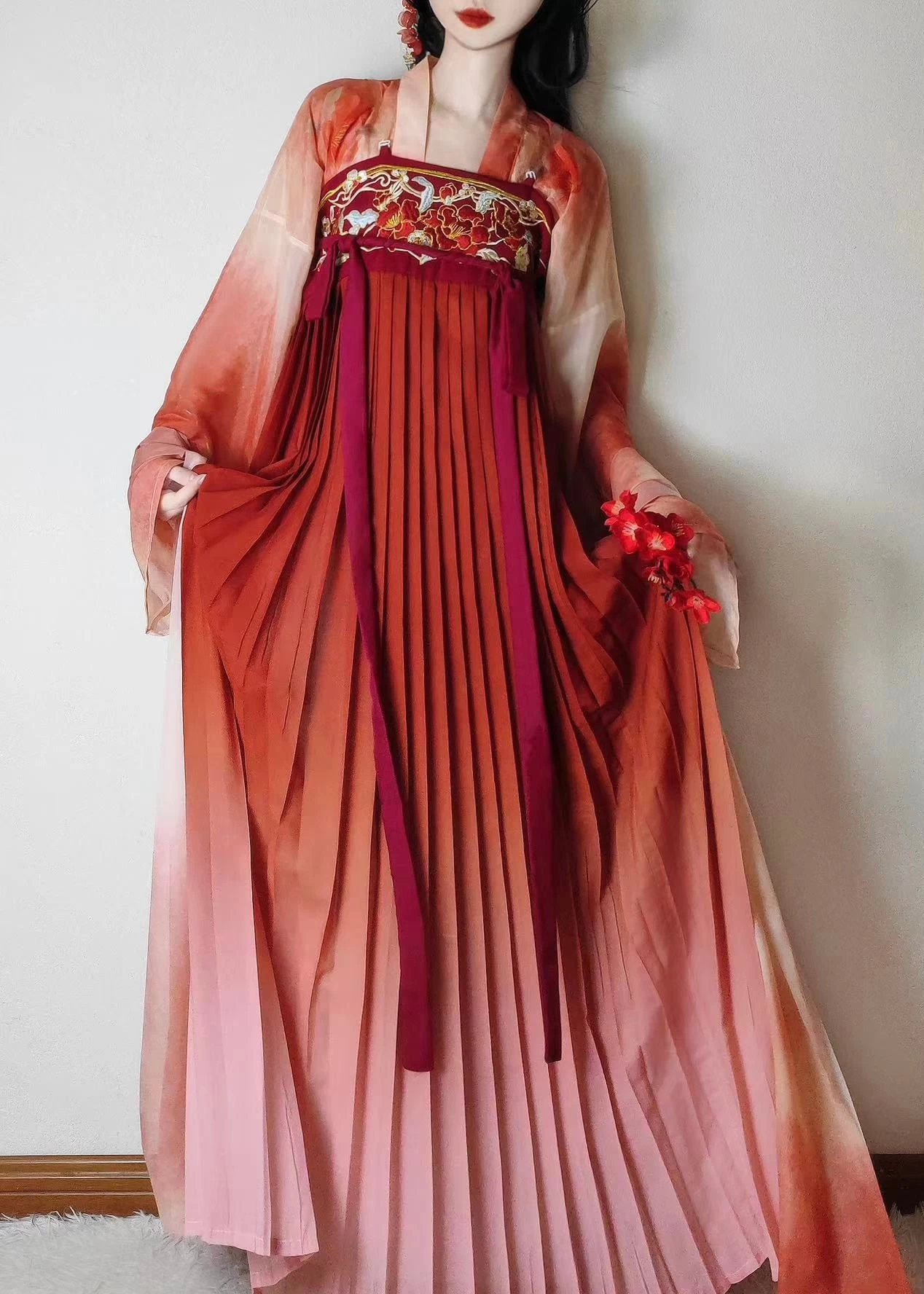 Women's Plus Size Chiffon 3-Piece Hanfu Set Camellia Skirt Coverup Shawl | HANFUBAO